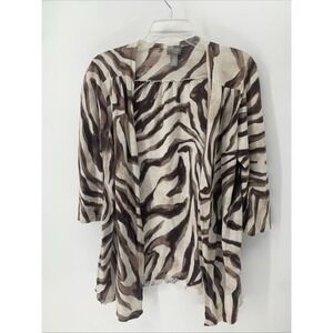 Chico's Travelers Brown Print Open Front Lightweight Cardigan Size 2 Linen Blend